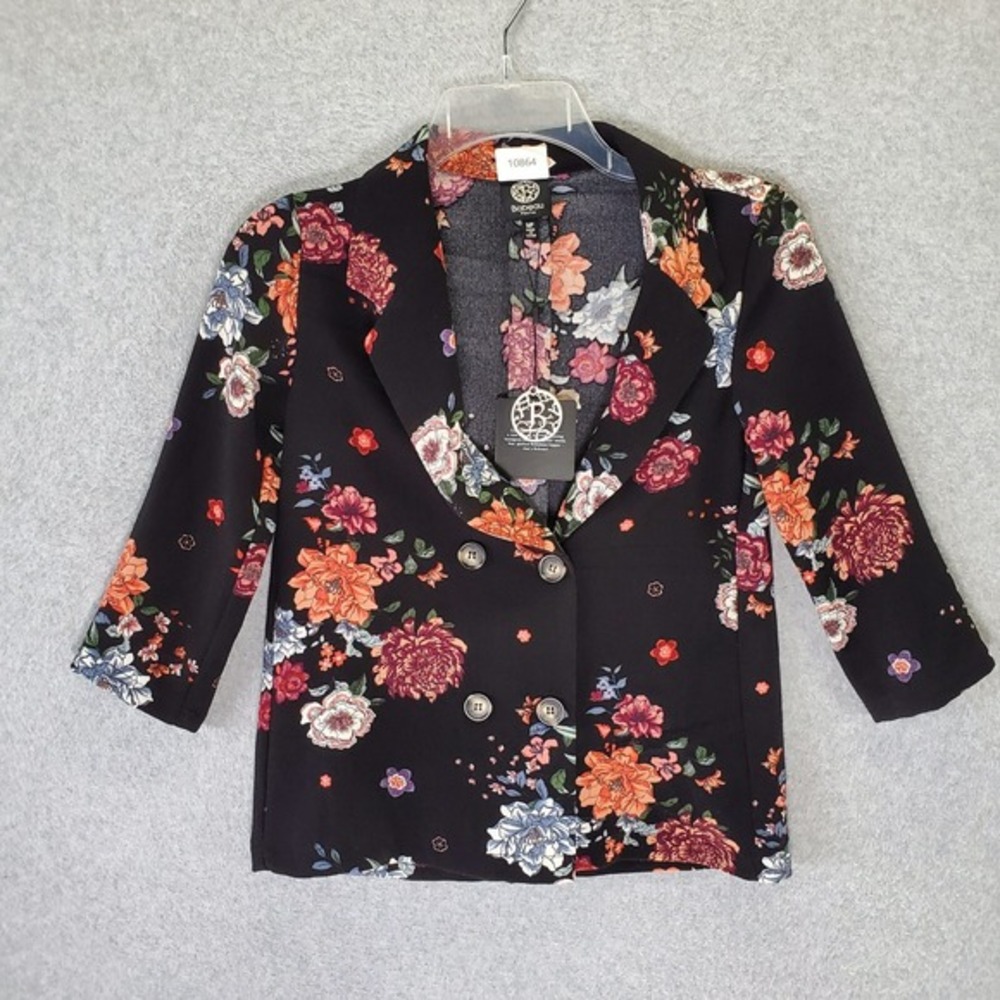 Bobeau Women Blazer Black Medium Petite Floral 3/4 Sleeve Mid Length‎ NWT